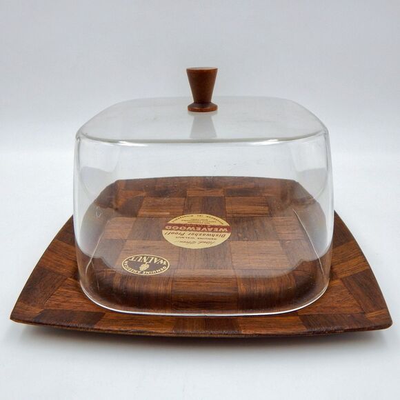 Weavewood Covered Cheese Tray With Clear Lid Handwoven Walnut MCM - Picture 5 of 11